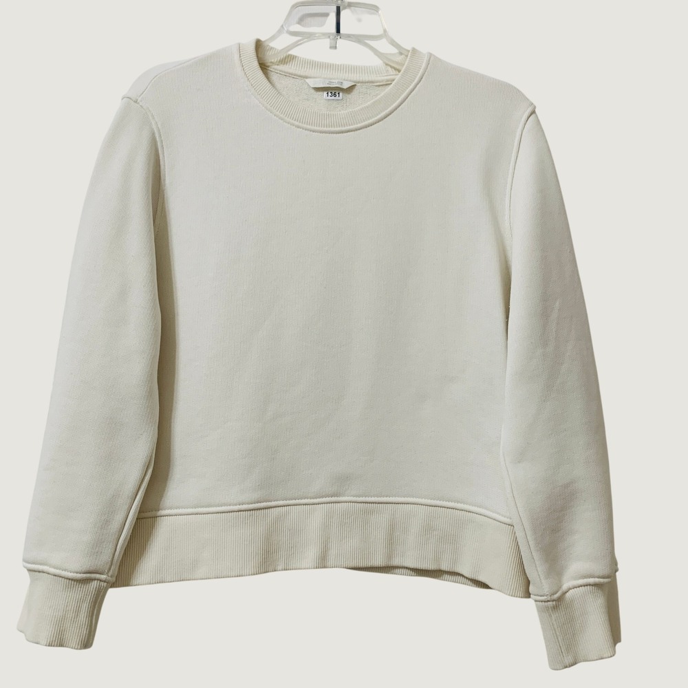 Zara Sweatshirt Women Large Cream Ribbed Trim Crew Neck Cotton Blend